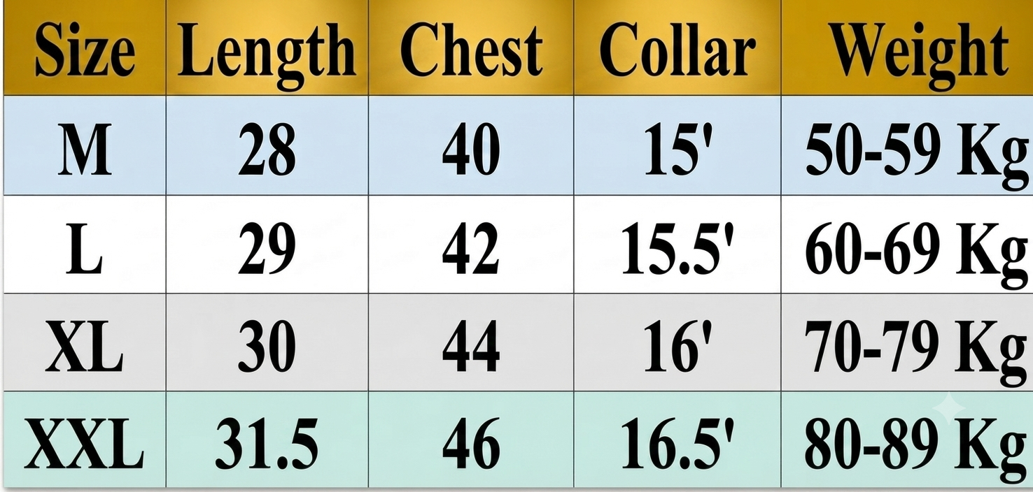 Size chart for Full Sleeve Katua Oxfrod Cotton Fabric