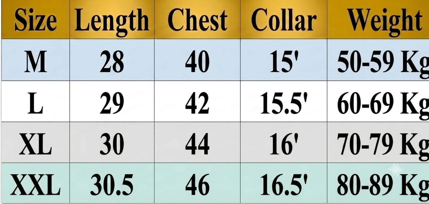 Size chart for Full Sleeve Katua Oxfrod Cotton Fabric