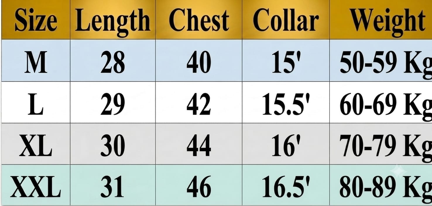 Size chart for Oxford Cotton Fabrics Short Sleeve Katua For Men's