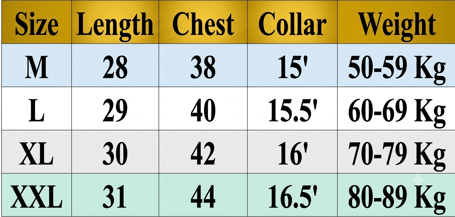 Size chart for Short Sleeve Shirt with Sleeve Loops & Pocket Loops