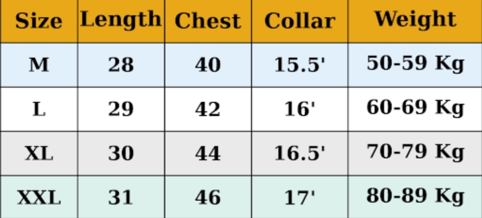 Size chart for Short Sleeve Shirt with Sleeve Loops & Pocket Loops